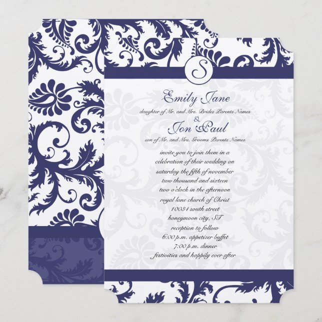 Einladung zur Hochzeit von Navy Blue Damask (Vorne/Hinten)