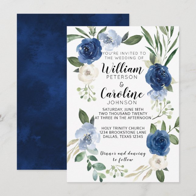 Einladung zur Hochzeit von Navy Blue Floral (Vorne/Hinten)