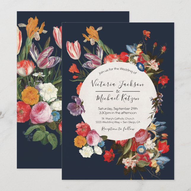 Einladung zur Hochzeit von Navy Blue Floral Dark & (Vorne/Hinten)
