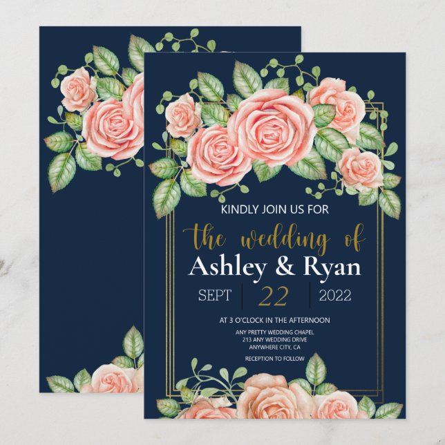 Einladung zur Hochzeit von Navy Blue Gold Blush (Vorne/Hinten)