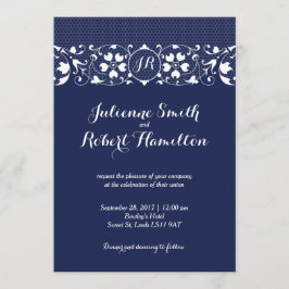 Einladung zur Hochzeit von Navy Blue Lace Monogram