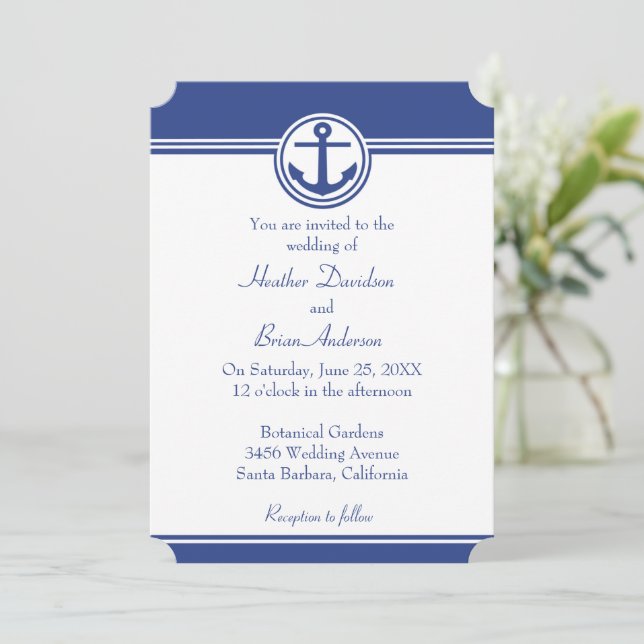 Einladung zur Hochzeit von Navy Blue Nautical Anch (Stehend Vorderseite)
