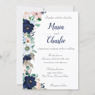 Einladung zur Hochzeit von Navy Blue & Pink Floral