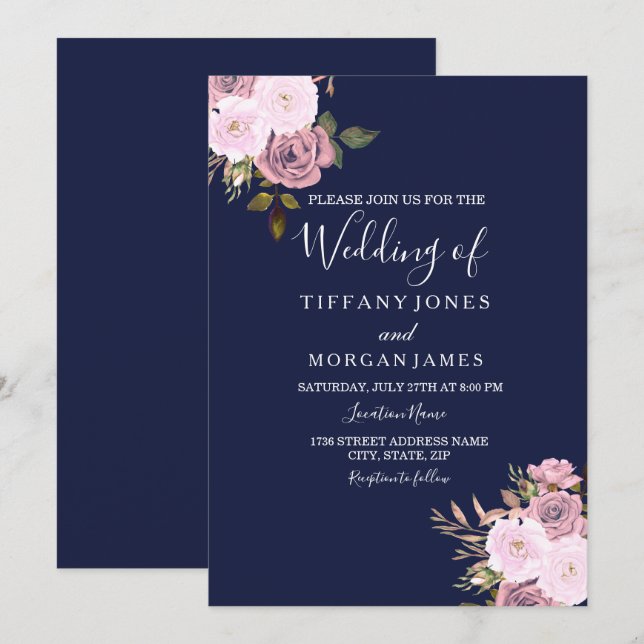 Einladung zur Hochzeit von Navy Blue & Rose Gold F (Vorne/Hinten)