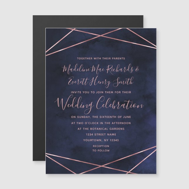 Einladung zur Hochzeit von Navy Blue & Rose Gold M (Vorne/Hinten)