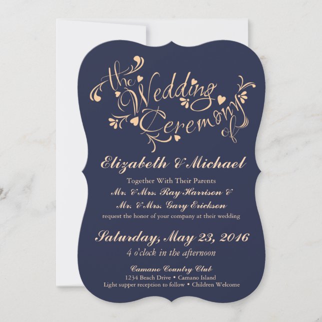 Einladung zur Hochzeit von Navy Blue und Peach (Vorderseite)