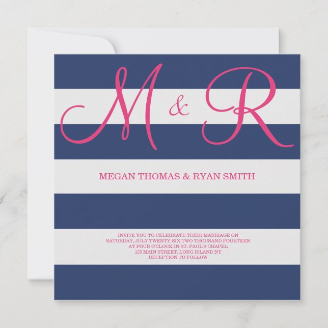 Einladung zur Hochzeit von Navy Blue und Pink Mono (Vorderseite)