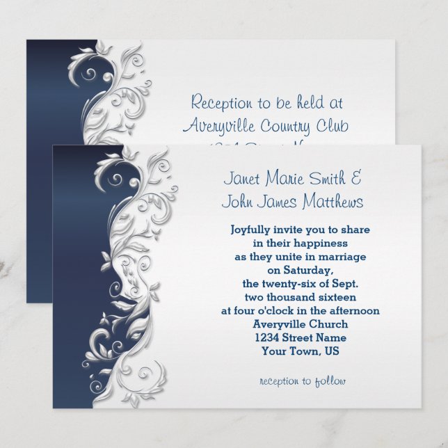 Einladung zur Hochzeit von Navy Blue und White Flo (Vorne/Hinten)