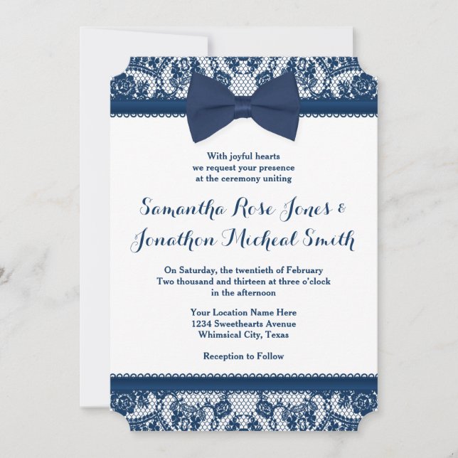 Einladung zur Hochzeit von Navy Blue & White Lace  (Vorderseite)