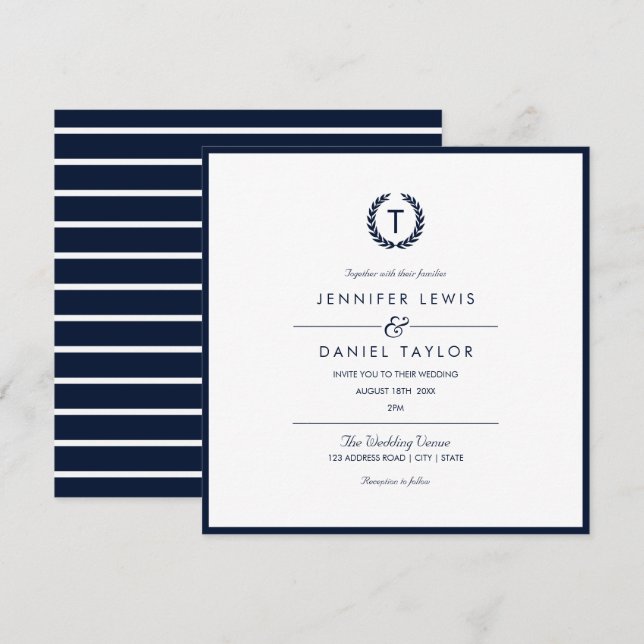 Einladung zur Hochzeit von Navy Blue & White Strip (Vorne/Hinten)
