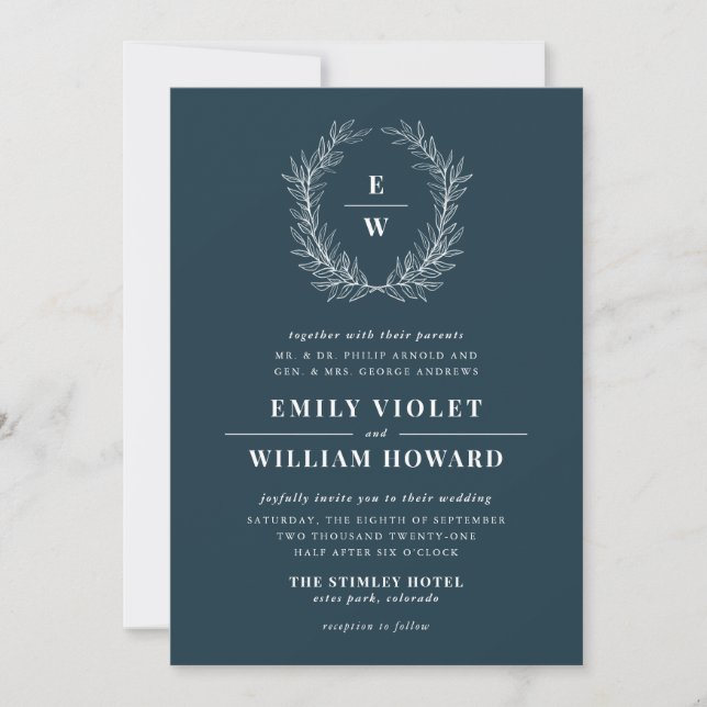 Einladung zur Hochzeit von Navy Blue Wreath Monogr (Vorderseite)