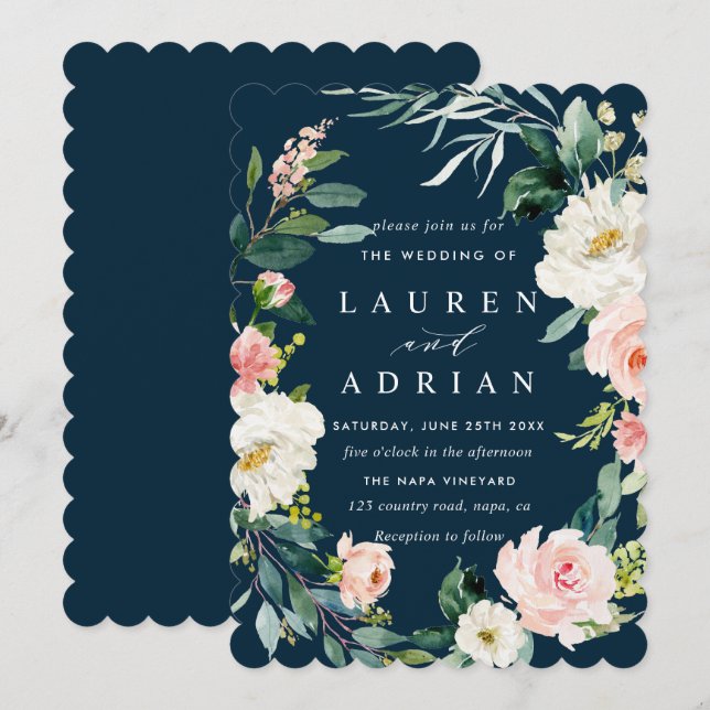 Einladung zur Hochzeit von Navy Blush Bloral Wreat (Vorne/Hinten)