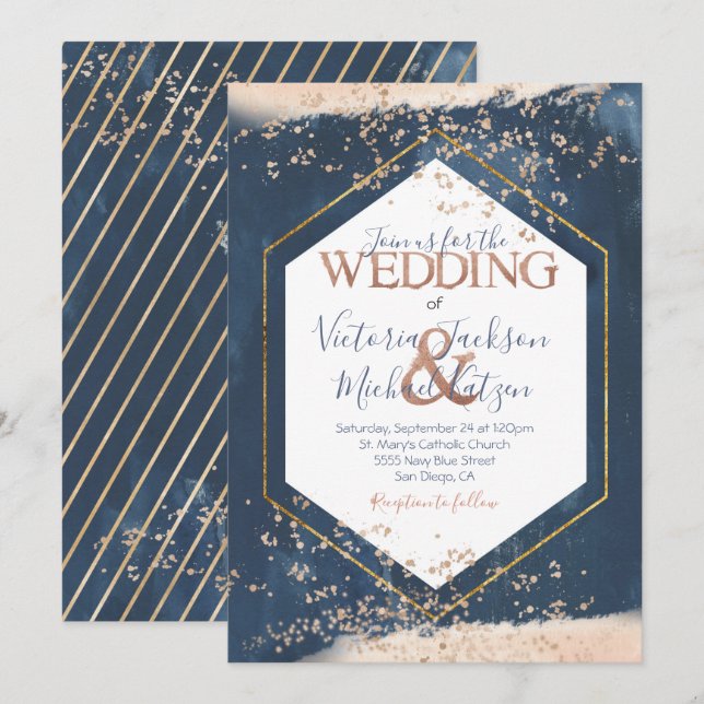 Einladung zur Hochzeit von Navy Blush Gold (Vorne/Hinten)