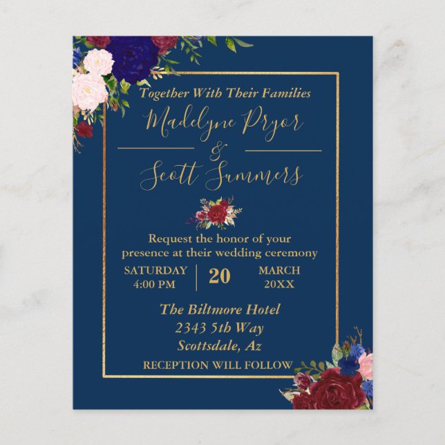 Einladung zur Hochzeit von Navy Burgundy Gold Fram (Vorderseite)