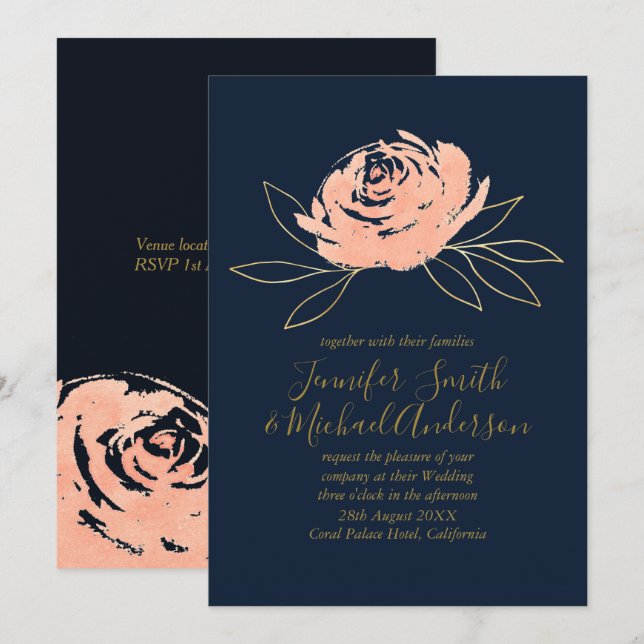 Einladung zur Hochzeit von Navy Coral Rose Gold (Vorne/Hinten)