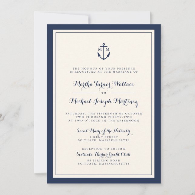 Einladung zur Hochzeit von Navy & Cream Monogram (Vorderseite)