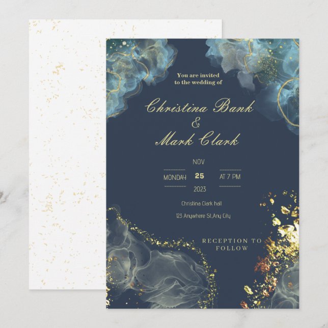 Einladung zur Hochzeit von Navy Gold (Vorne/Hinten)