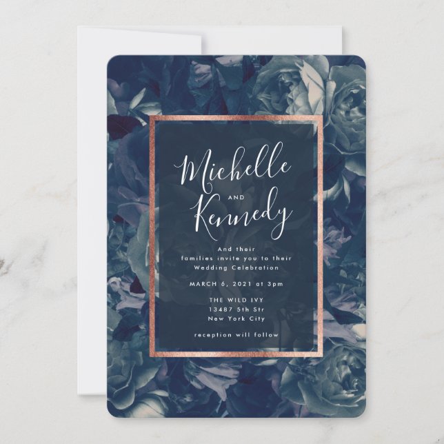 Einladung zur Hochzeit von Navy Gold-Floral-Kallig (Vorderseite)