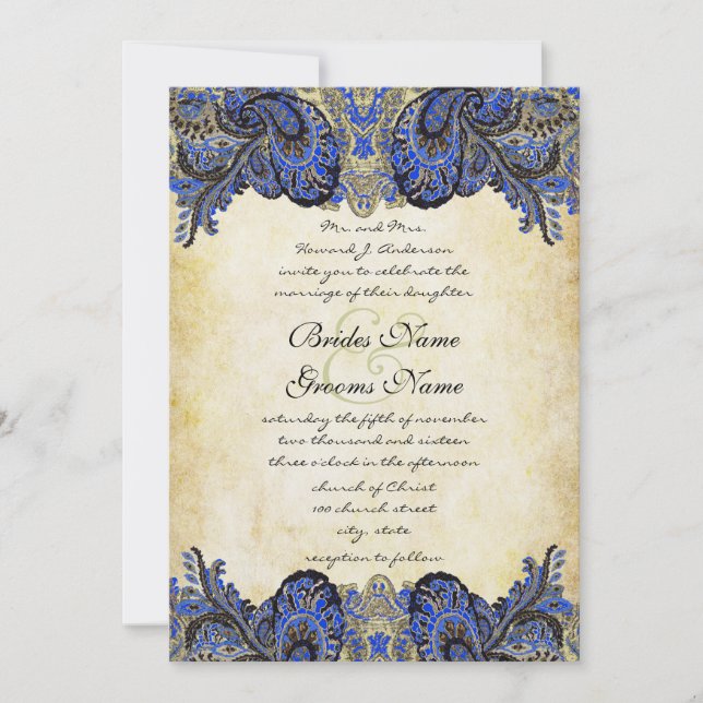 Einladung zur Hochzeit von Navy & Gold Paisly Peac (Vorderseite)