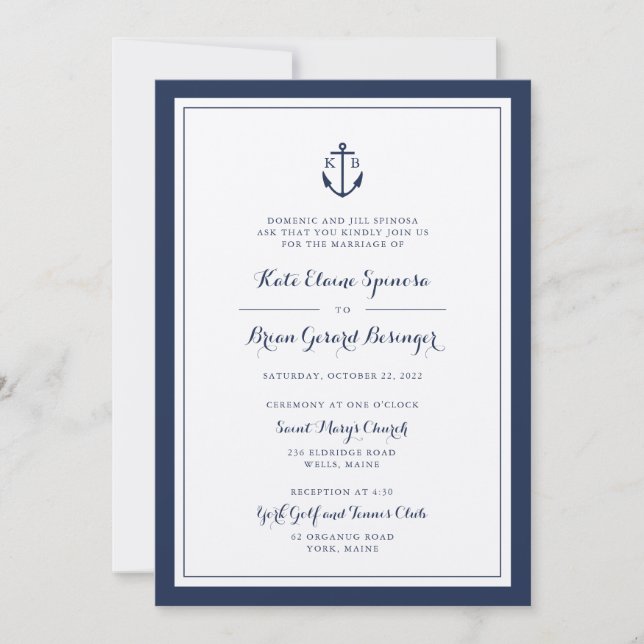 Einladung zur Hochzeit von Navy Monogram Anchor (Vorderseite)