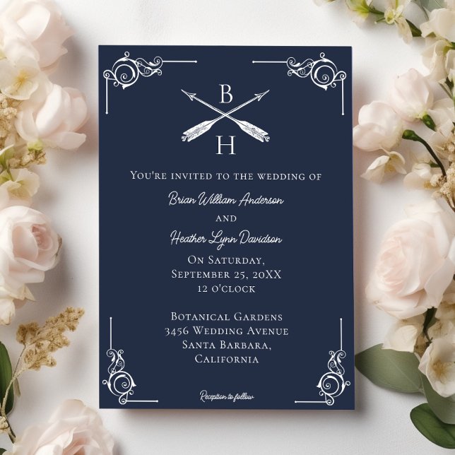 Einladung zur Hochzeit von Navy Monogram und Pfeil (Navy Blue Monogram and Arrows Wedding Invitation)