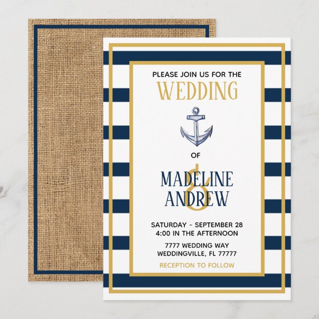 Einladung zur Hochzeit von Navy Nautical Stripes A (Vorne/Hinten)