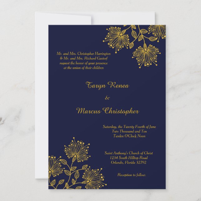 Einladung zur Hochzeit von Navy- und Gelbflora-12x (Vorderseite)