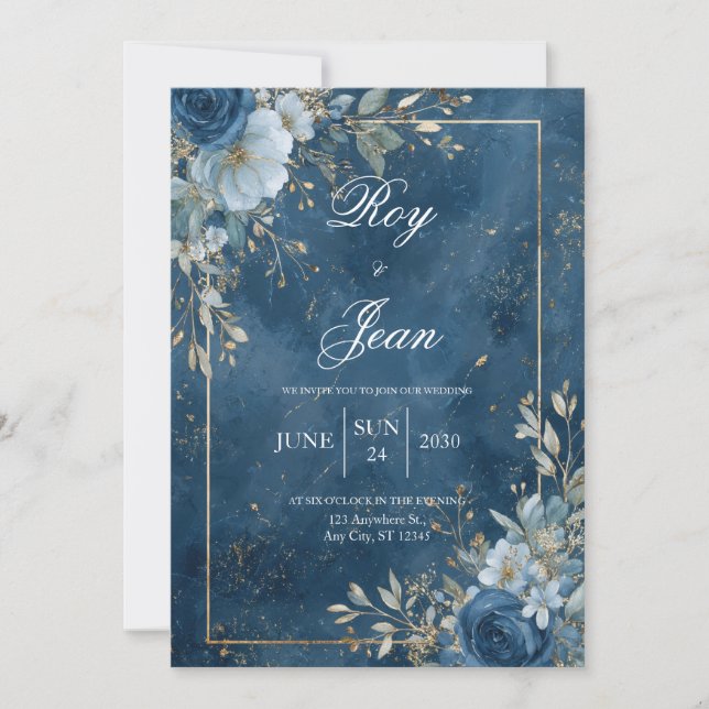 Einladung zur Hochzeit von Navy und Gold (Vorderseite)