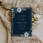 Einladung zur Hochzeit von Navy und Gold<br><div class="desc">schöne blaue Blumen mit goldenem Rahmen und elegantem Text. Farben und Text können personalisiert sein.</div>