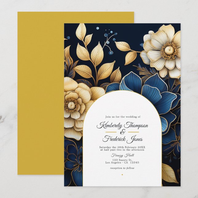 Einladung zur Hochzeit von Navy und Gold Floral (Vorne/Hinten)