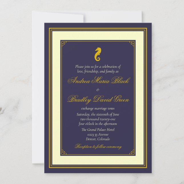 Einladung zur Hochzeit von Navy und Gold Seepferd (Vorderseite)