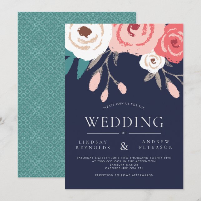 Einladung zur Hochzeit von Navy und Korallen (Vorne/Hinten)