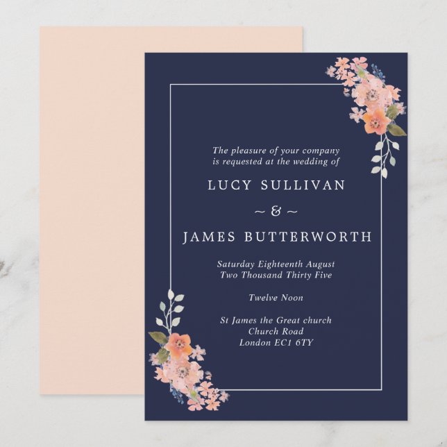 Einladung zur Hochzeit von Navy und Peach Floral F (Vorne/Hinten)