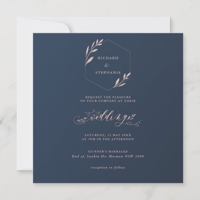 Einladung zur Hochzeit von Navy und Pink Foliage S (Vorderseite)