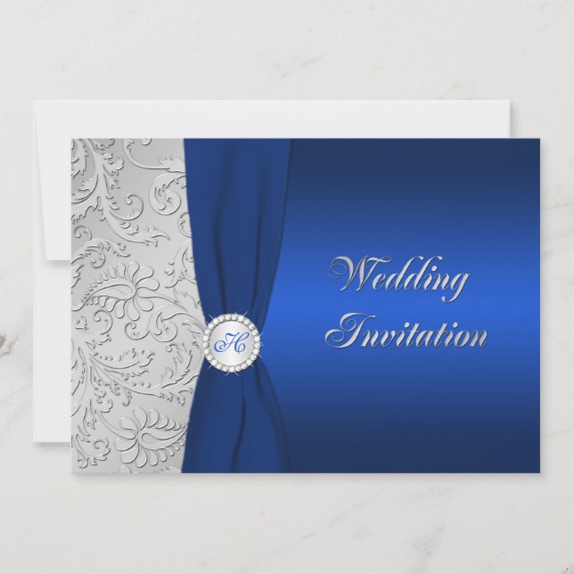 Einladung zur Hochzeit von Navy und Silver Damask (Vorderseite)