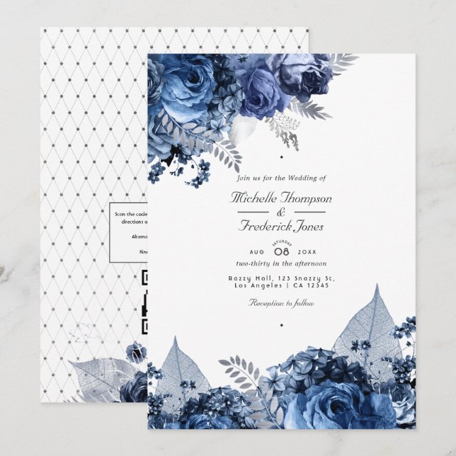 Einladung zur Hochzeit von Navy und White mit Silb (Vorne/Hinten)