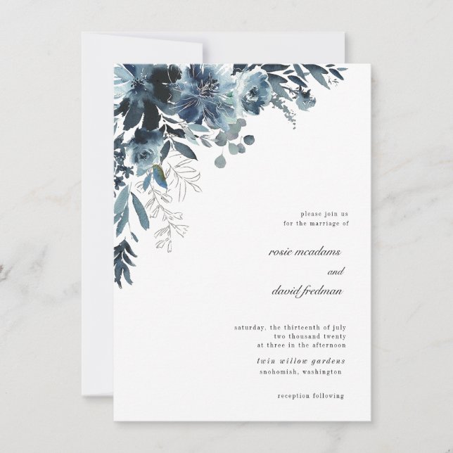 Einladung zur Hochzeit von Navy-Watercolor-Flora (Vorderseite)