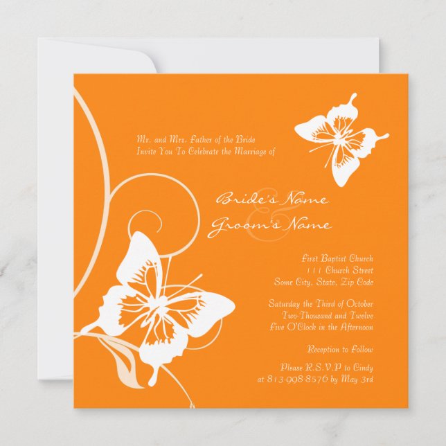 Einladung zur Hochzeit von Orange und Weiß Butterf (Vorderseite)