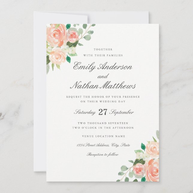 Einladung zur Hochzeit von Peach Blush Watercolor (Vorderseite)