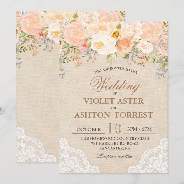 Einladung zur Hochzeit von Peach floral Lace (Vorne/Hinten)