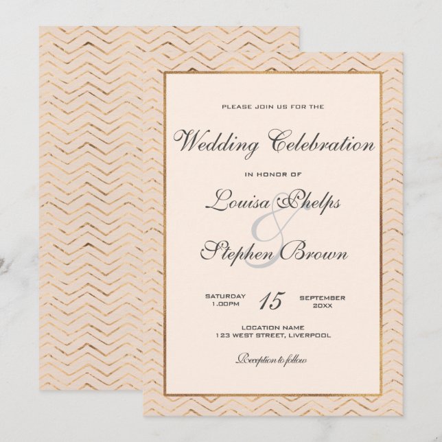 Einladung zur Hochzeit von Peach und Gold (Vorne/Hinten)