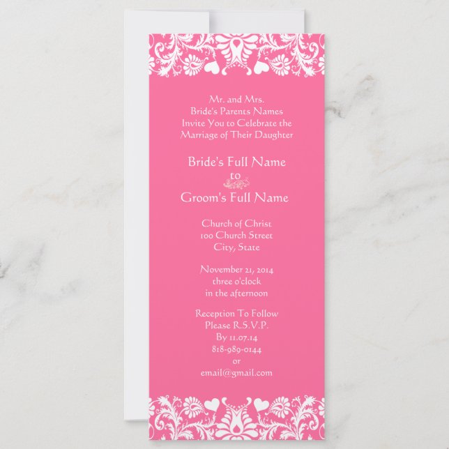 Einladung zur Hochzeit von Pink Damask (Vorderseite)