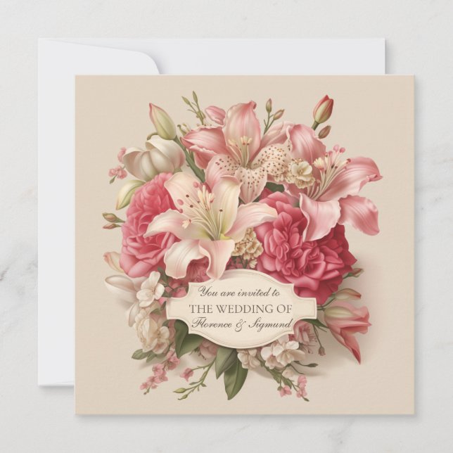 Einladung zur Hochzeit von Pink Lily and Peony Vin (Vorderseite)