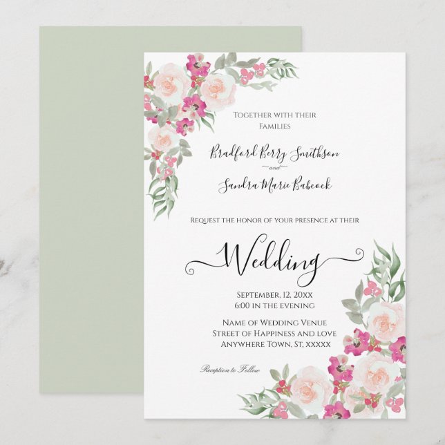 Einladung zur Hochzeit von Pink und Sage Green Flo (Vorne/Hinten)