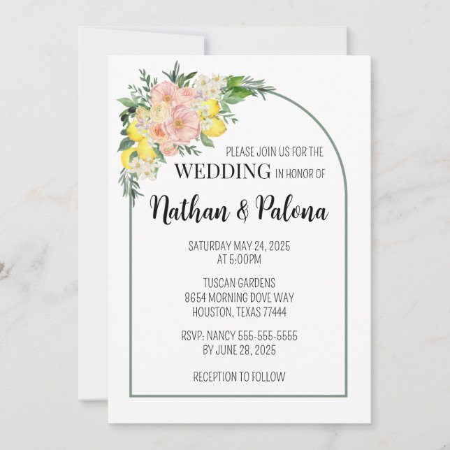 Einladung zur Hochzeit von Poppy Yellow Lemon & Pi (Vorderseite)