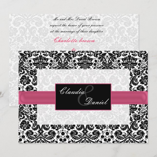 Einladung zur Hochzeit von rosa Damast (Vorne/Hinten)