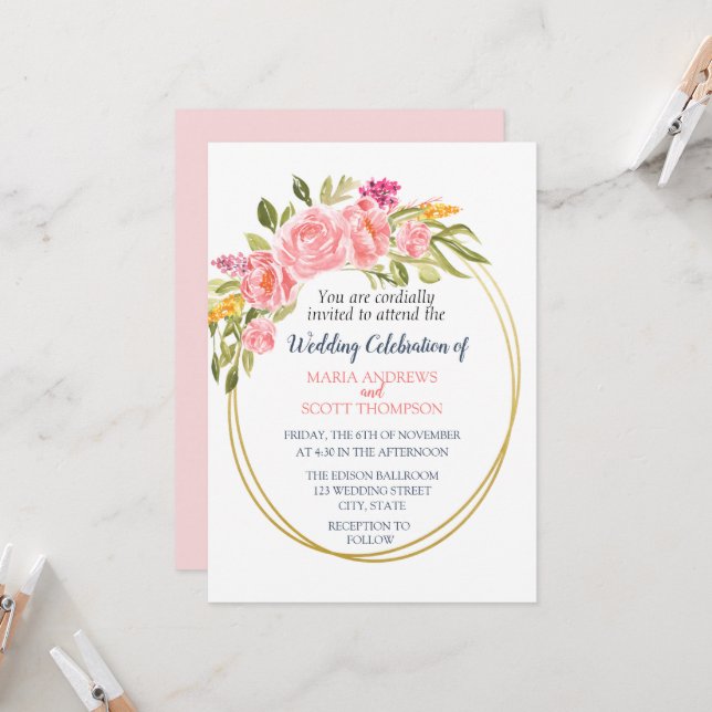 Einladung zur Hochzeit von Rosa Korallen und Gold (Vorderseite/Rückseite Beispiel)