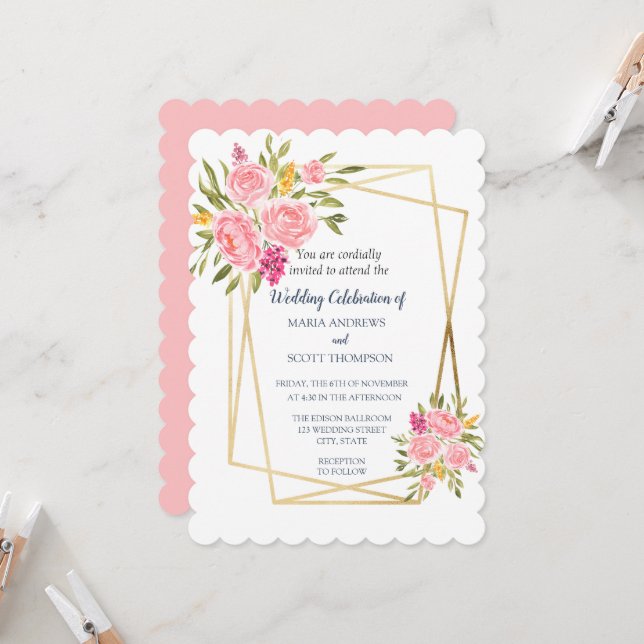 Einladung zur Hochzeit von Rosa Korallen und Gold (Vorderseite/Rückseite Beispiel)