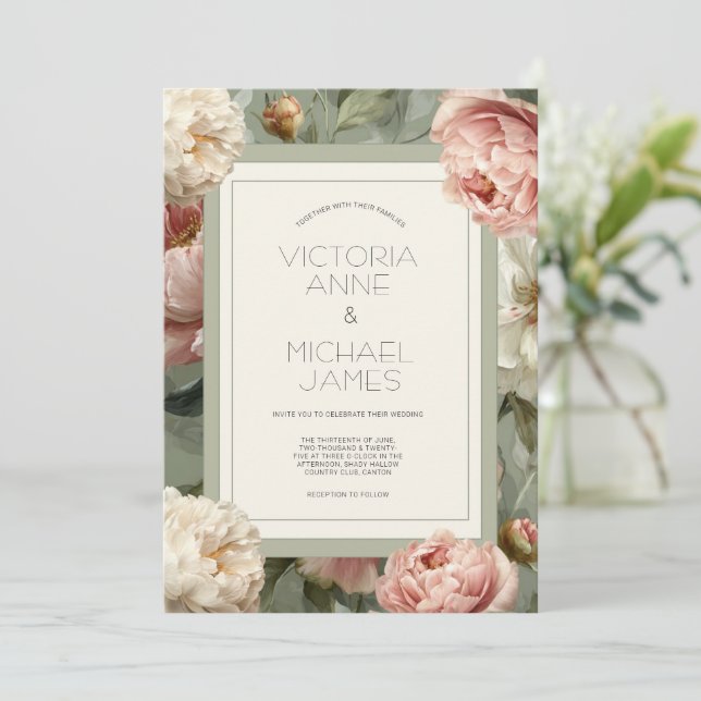 Einladung zur Hochzeit von Rosa und Weißen Peonies (Stehend Vorderseite)