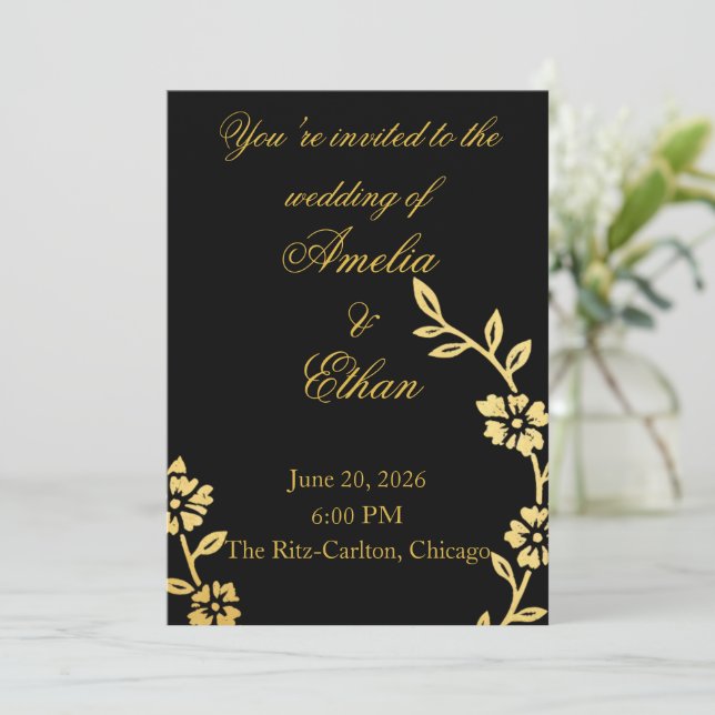 Einladung zur Hochzeit von Schwarz-Gold-Flora | el (Stehend Vorderseite)